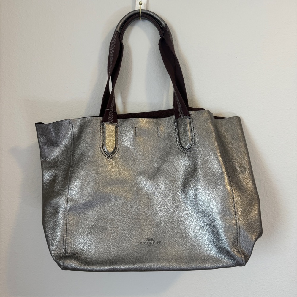 Coach Metallic Silver Tote with Brown Handles